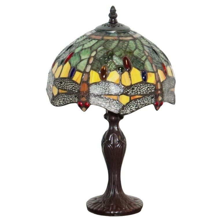 VINTAGE TIFFANY STYLE STAINED COLOURFUL GLASS WITH DRAGONFLY TABLE LAMP