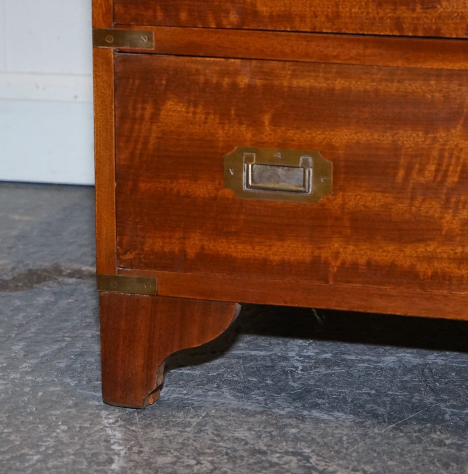 VINTAGE MILITARY CAMPAIGN SECRETAIRE CHEST OF DRAWERS WITH AGED RED LEATHER