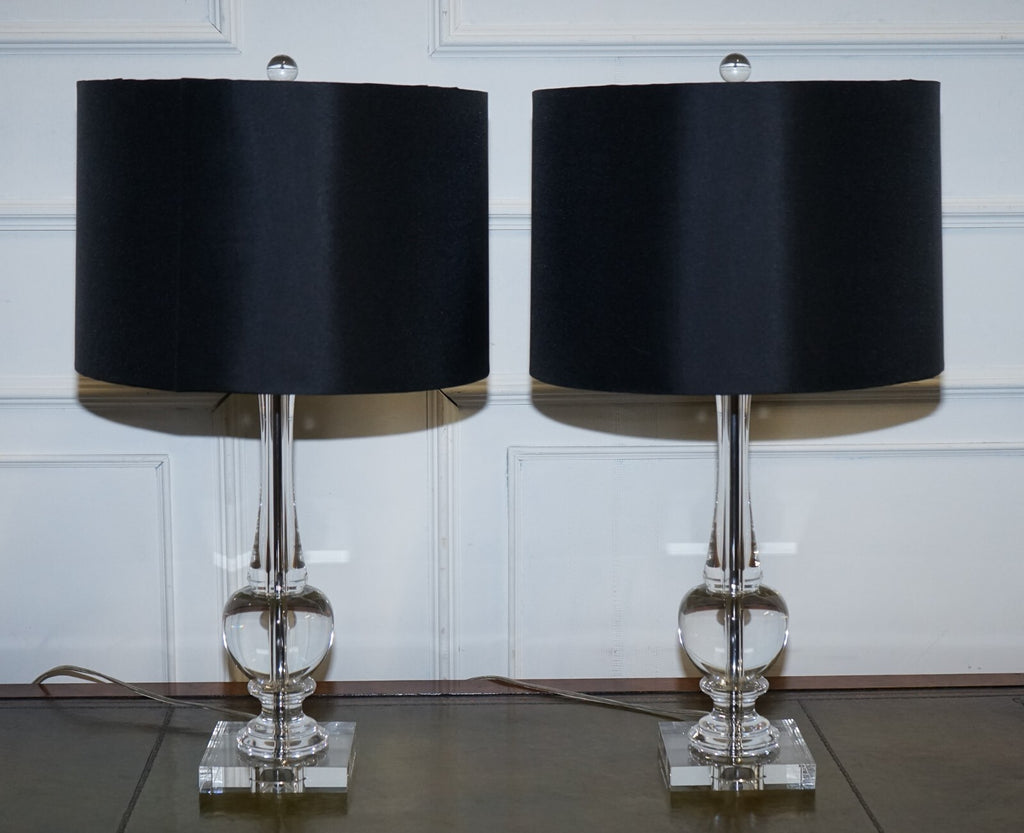 PAIR OF CLEAR GLASS TABLE LAMPS WITH BLACK SHADES