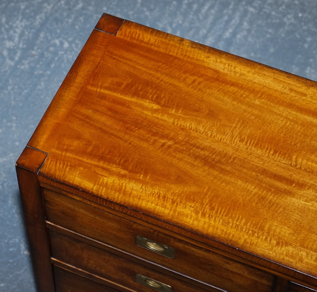 VINTAGE HARDWOOD & BRASS MILITARY CAMPAIGN STYLE BANK OF DRAWERS SIDEBOARD