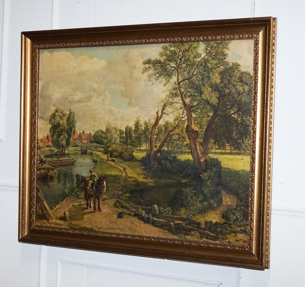 VINTAGE FRAMED COUNTRYSIDE LANDSCAPE PRINT RIVER SCENE WiTH HORSES AND TREES