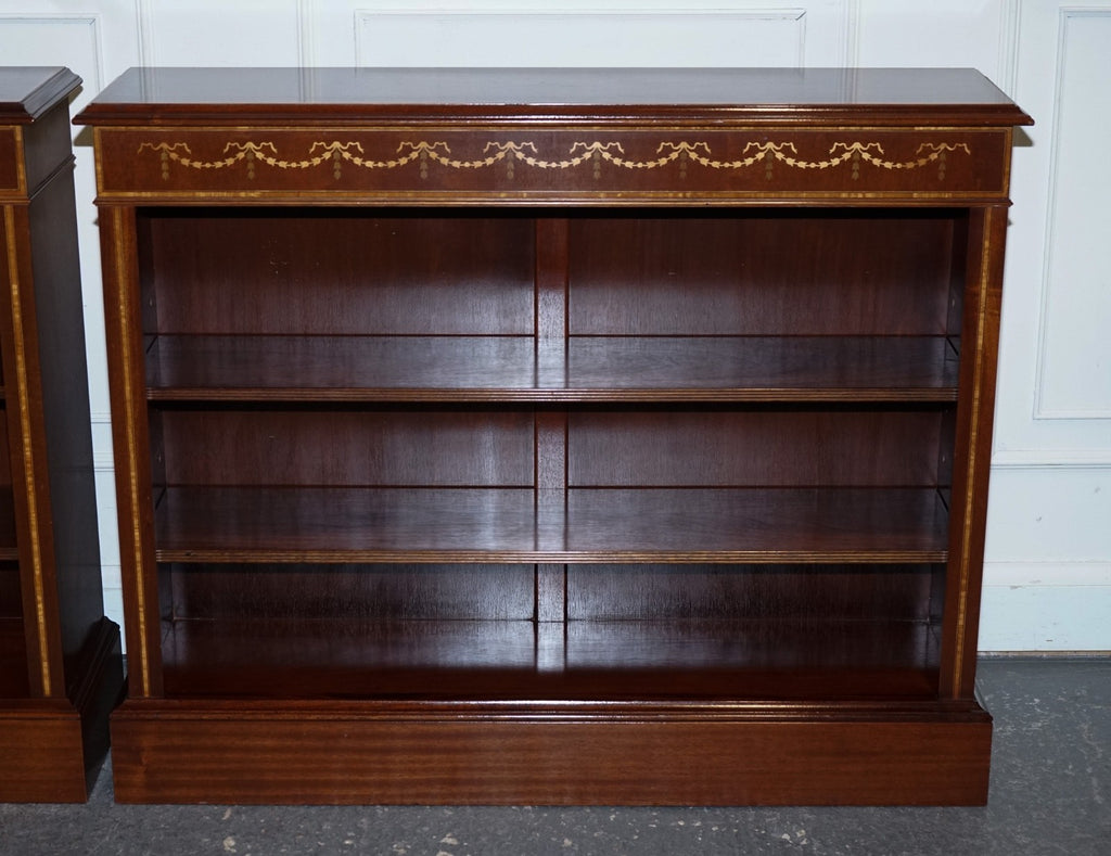 PAIR VINTAGE EDWARDIAN STYLE SHERATON DWARF OPEN BOOKCASE ADJUSTABLE SHELVES