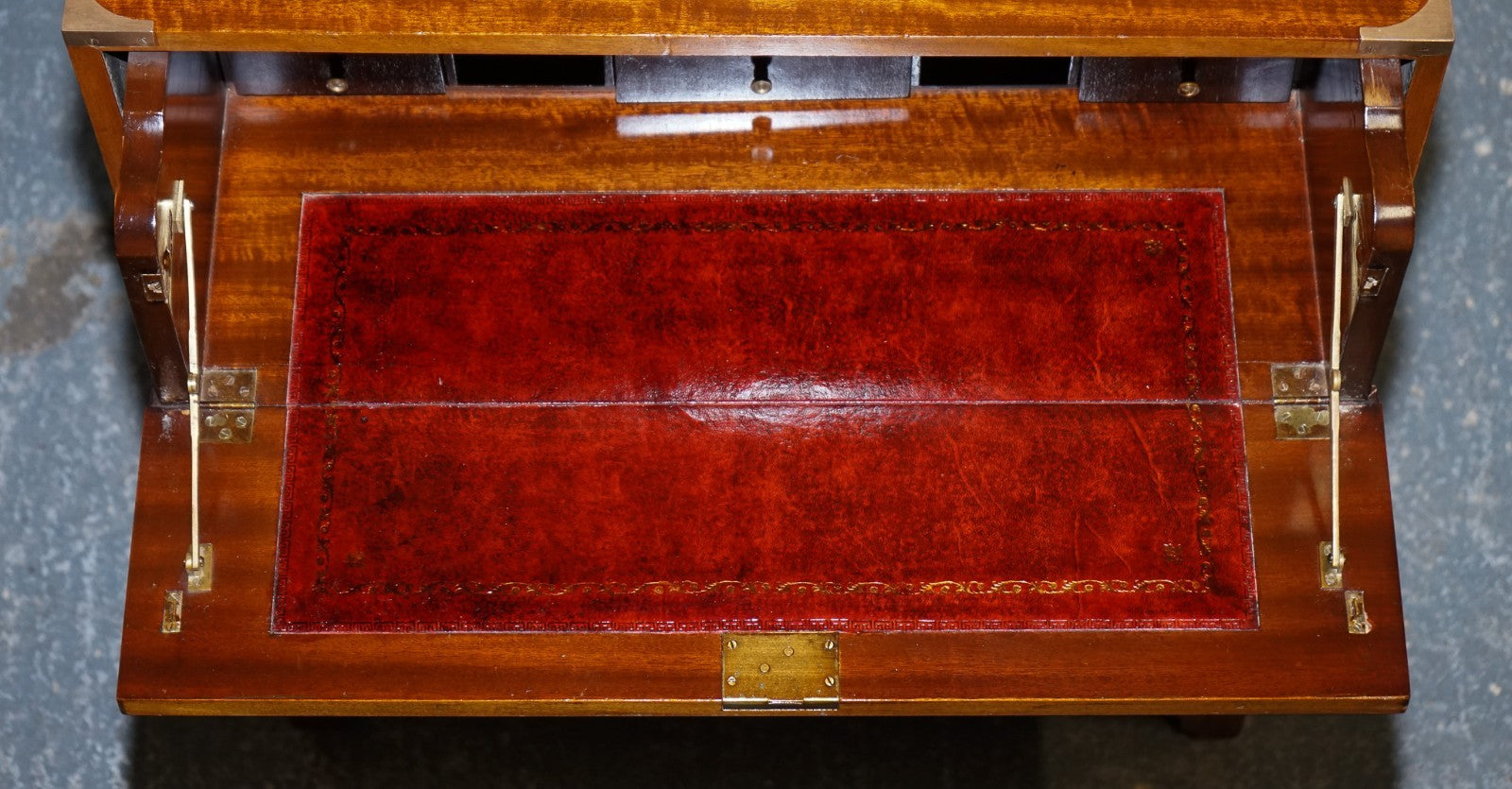 VINTAGE MILITARY CAMPAIGN SECRETAIRE CHEST OF DRAWERS WITH AGED RED LEATHER