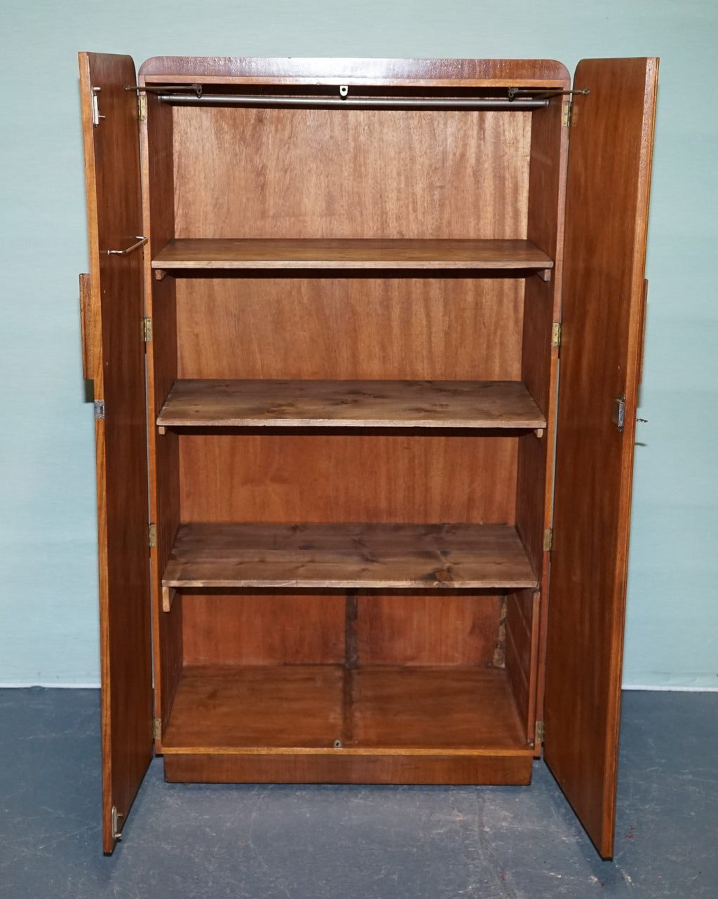 1930s PETITE VINTAGE ENGLISH ART DECO BURR WALNUT DOUBLE WARDROBE LINEN PRESS
