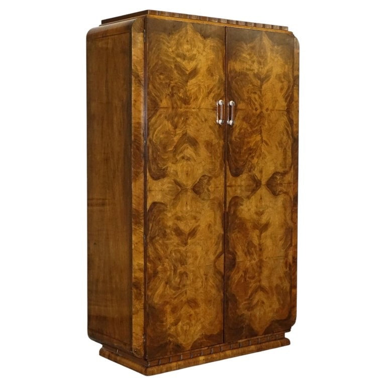 STUNNING ART DECO 1920 LARGE BURR WALNUT TWO DOOR WARDROBE OR AMOIRE
