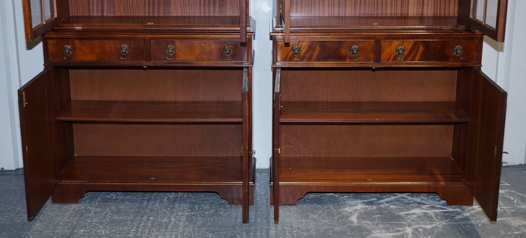 PAIR GEORGIAN STYLE DISPLAY CABINETS BOOKCASES WITH BRASS LION HANDLES