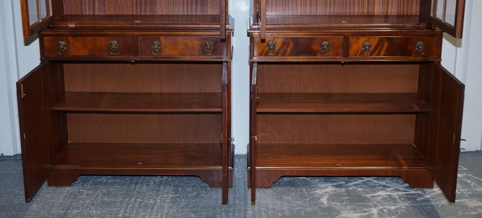 PAIR GEORGIAN STYLE DISPLAY CABINETS BOOKCASES WITH BRASS LION HANDLES