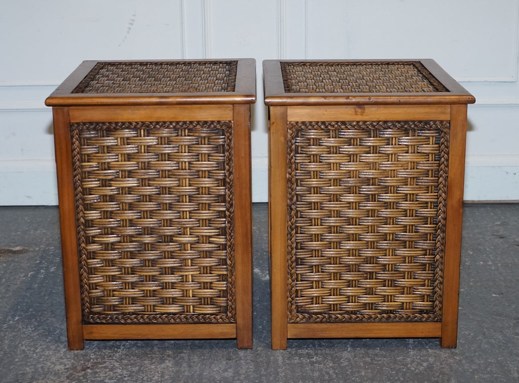 VINTAGE PAIR OF WICKER OR RATTAN NIGHTSTANDS BEDSIDE TABLES CUPBOARD & DRAWER