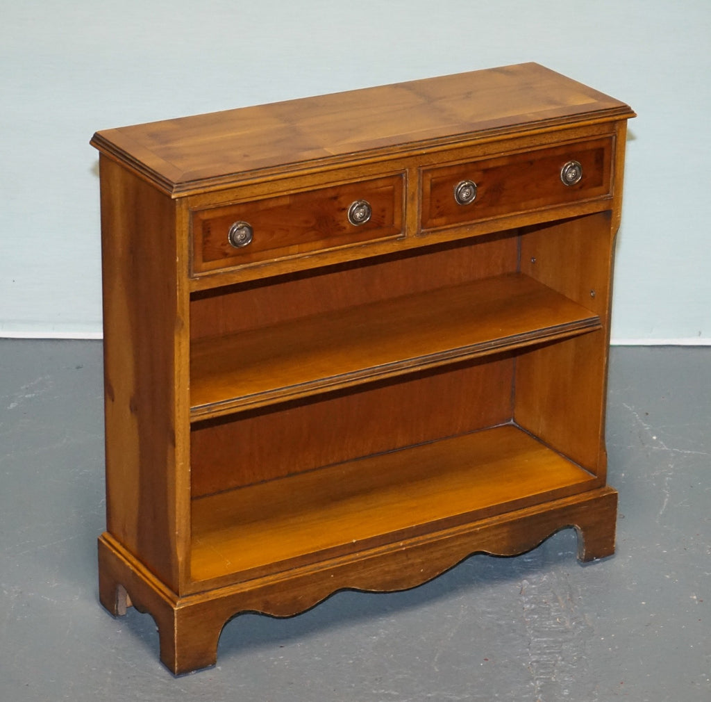 ELEGANT VINTAGE YEW WOOD LOW DWARF BOOKCASE WITH TWO STORAGE DRAWERS