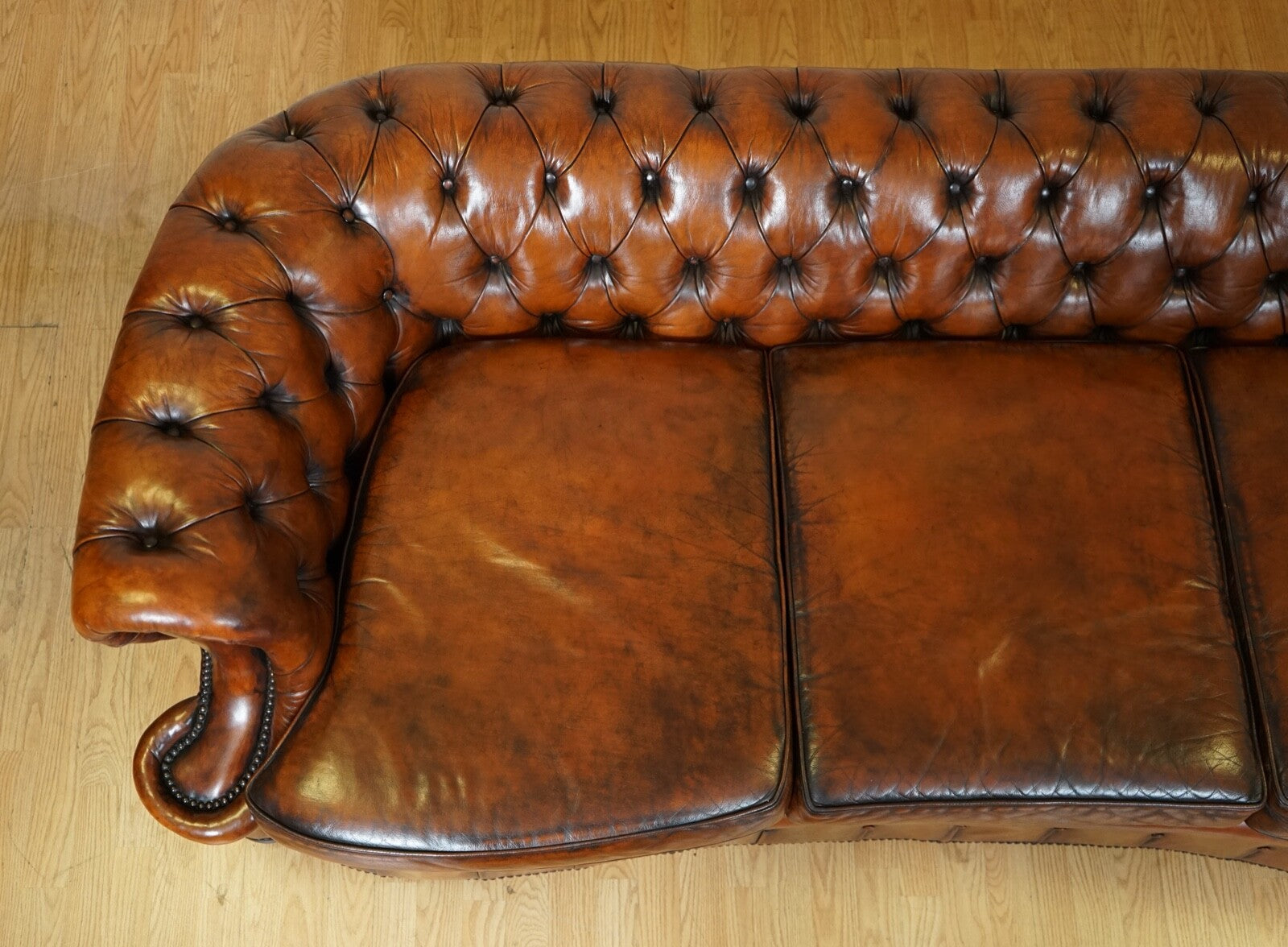 ONE OF A KIND WHISKEY BROWN HAND DYED LEATHER SERPENTINE CLUB CHESTERFIELD SOFA