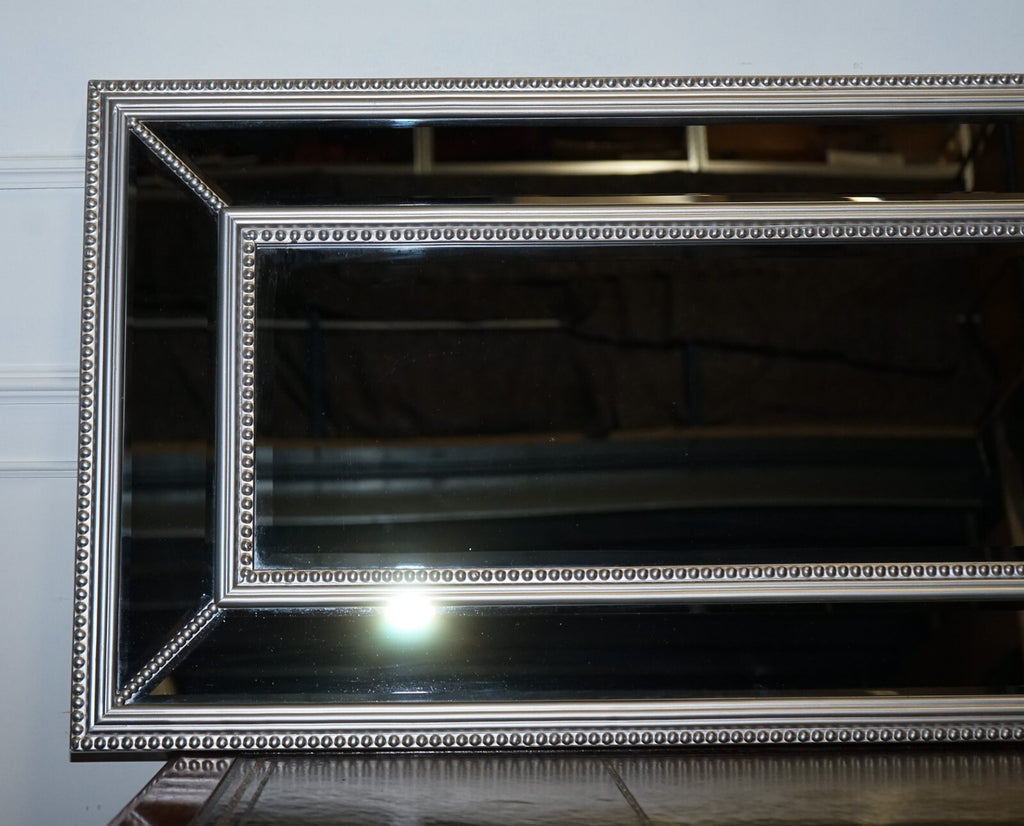 BEAUTIFUL LARGE SILVER BEADED CUSHIONED BEVELLED RECTANGULAR MIRROR