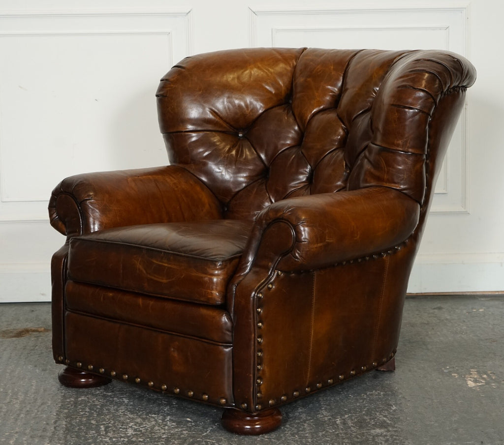 FULLY RESTORED HAND DYED LEATHER WRITERS READING ARMCHAIR WITH FOOTSTOOL