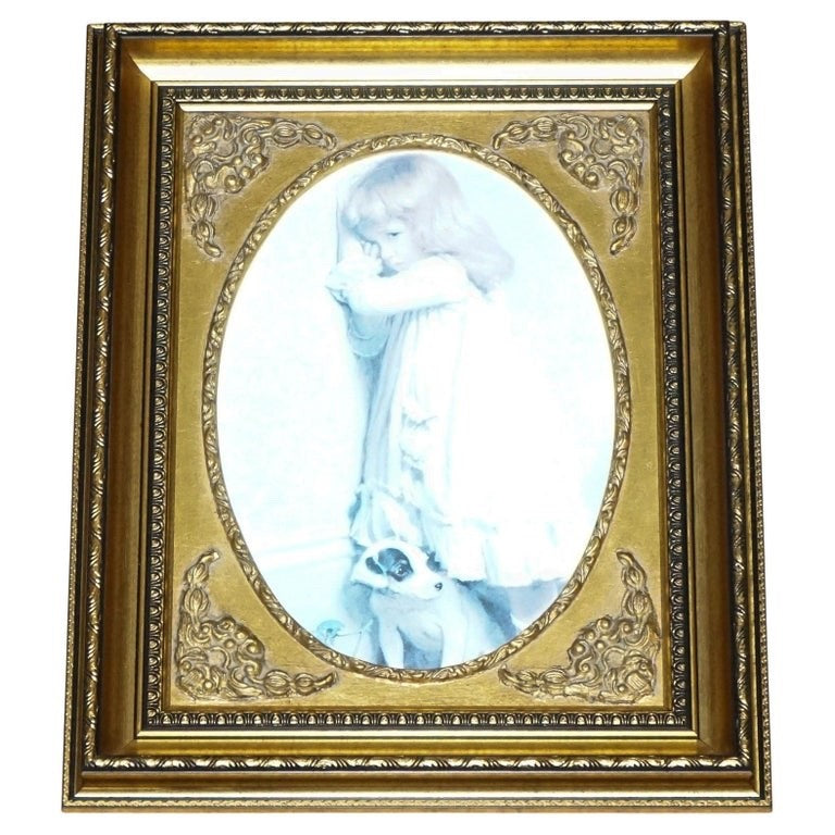 VINTAGE PRINT GILTED FRAME LITTLE GIRL AND DOG POSING 52 X 42 CM