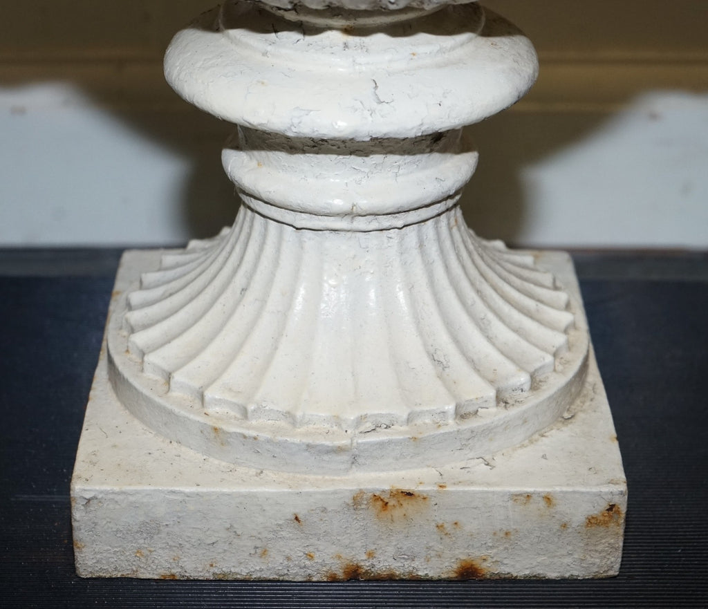 VICTORIAN PAINTED CAST IRON URN FLARED BEADED RIMS ABOVE SCROLLiNG ACANTHUS