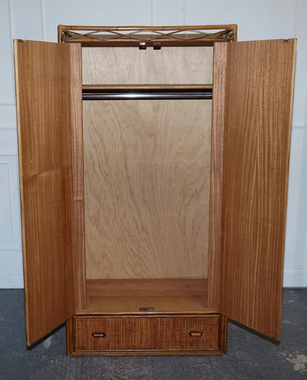 VINTAGE RATTAN AND CANE TWO DOOR AMOIRE OR WARDROBE WITH ONE DRAWER