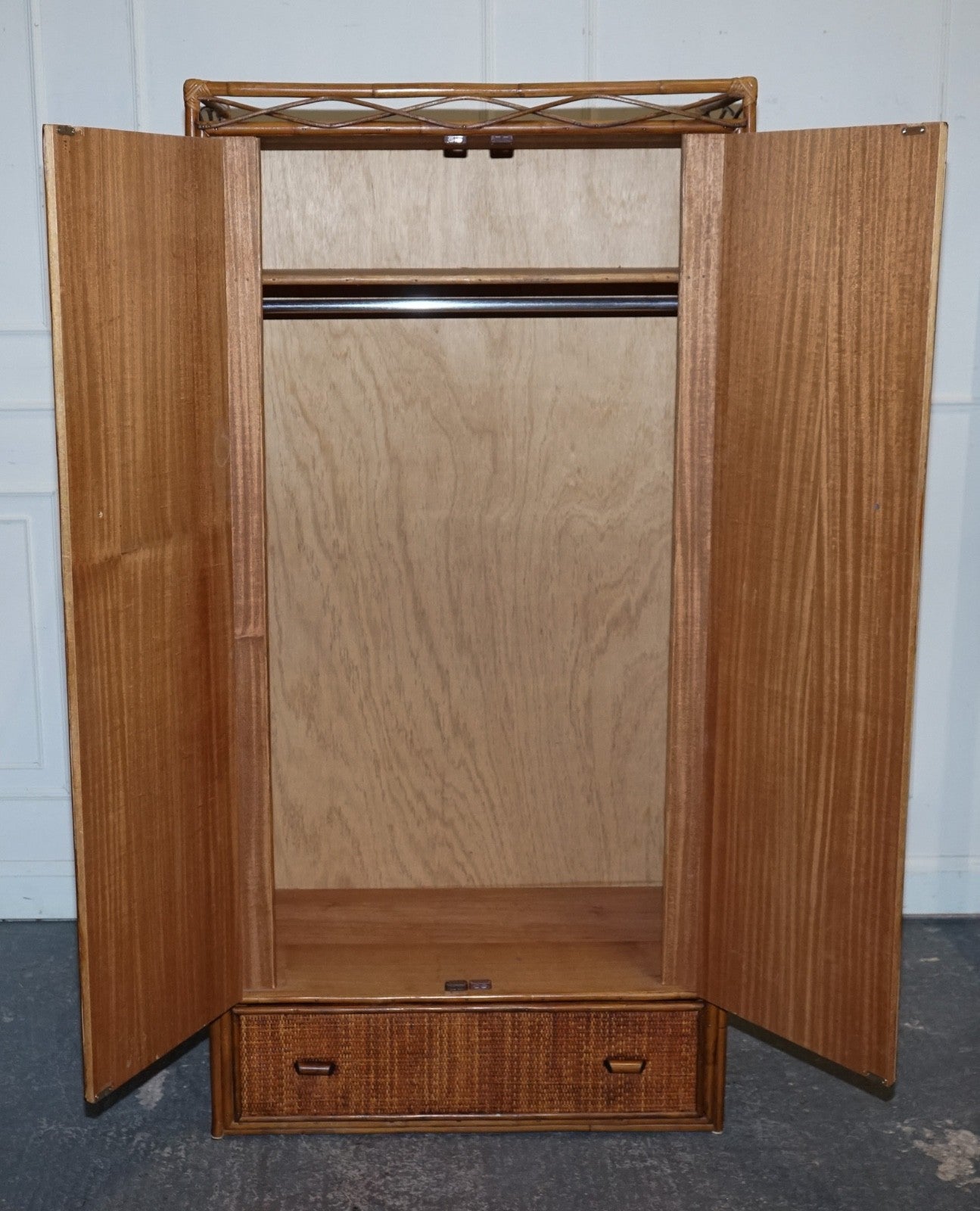 VINTAGE RATTAN AND CANE TWO DOOR AMOIRE OR WARDROBE WITH ONE DRAWER