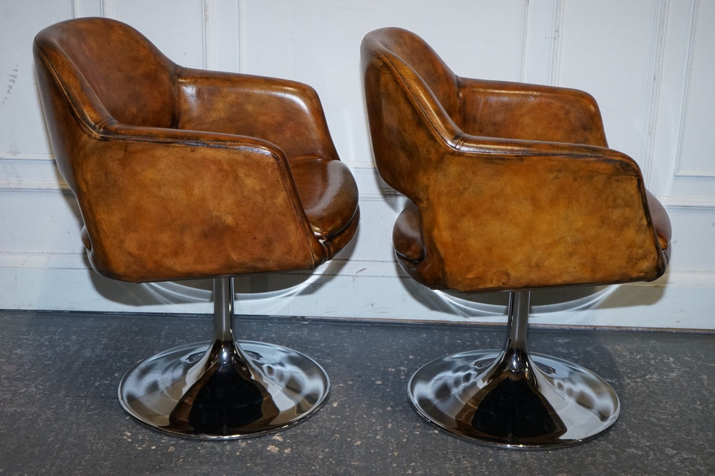 SET OF FOUR RESTORED HAND DYED LEATHER LARGO JOHANSON DESIGN SWIVEL ARMCHAIRS