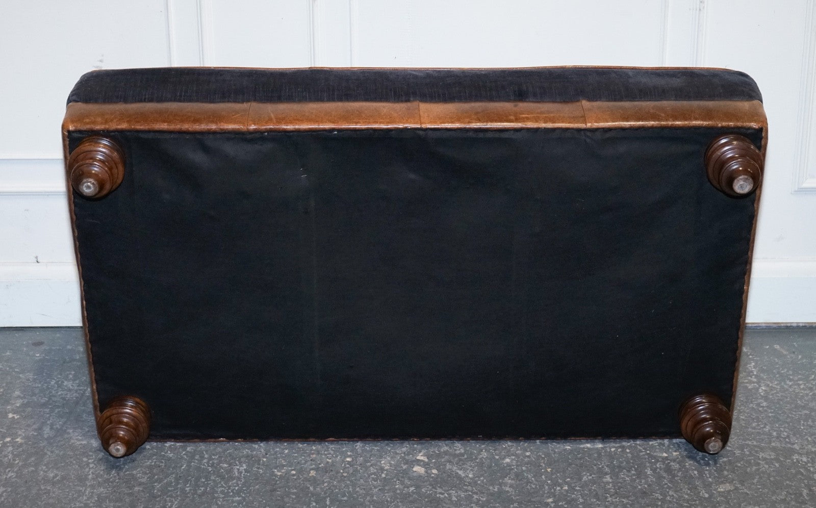 LARGE TETRAD CONSTABLE OTTOMAN RECTANGULAR FOOTSTOOL BLUE FABRIC & LEATHER BASE