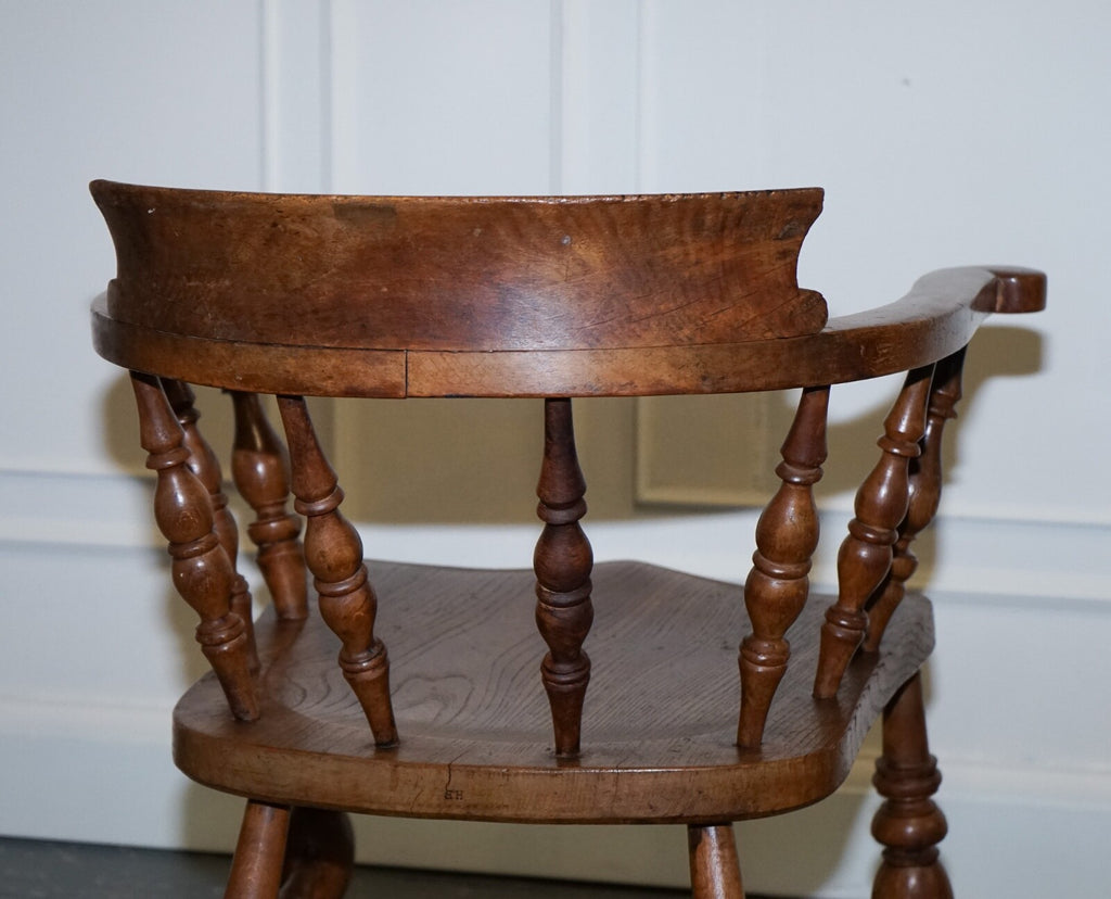 GORGEOUS PATINA EDWARDIAN SOLID ELM BOW BACK SMOKERS CAPTAINS CHAIR