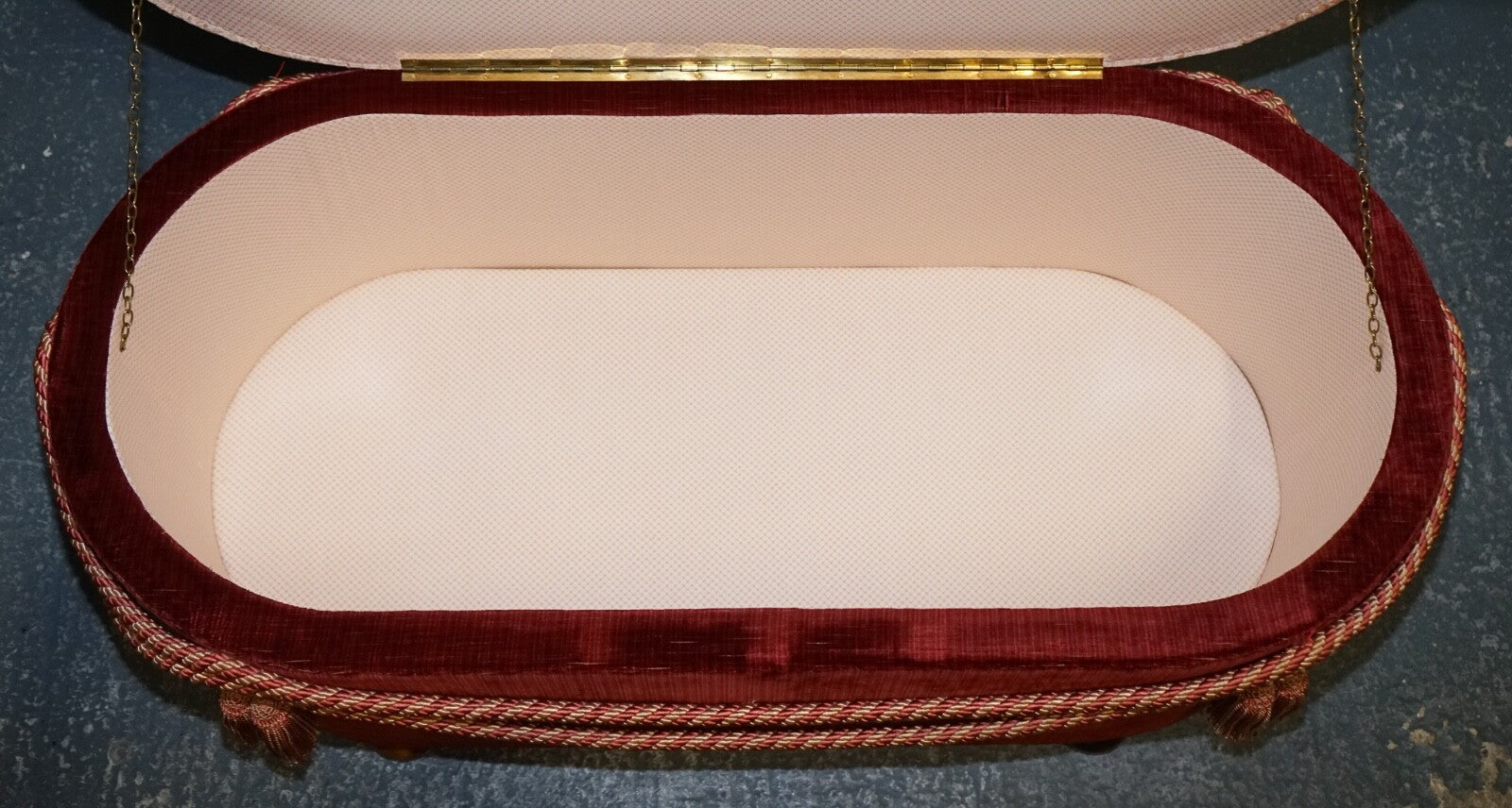 ANTIQUE VICTORIAN FABRIC OTTOMAN BLANKET BED END STORAGE BOX WITH TASSEL ACCENTS