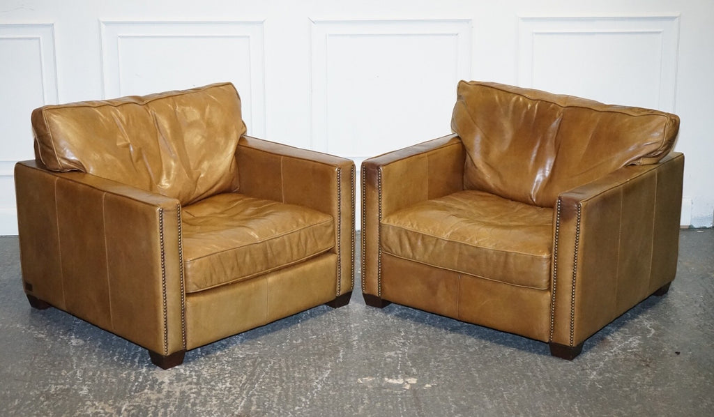 LOVELY TIMOTHY OULTON VISCOUNT PAIR OF TAN LEATHER ARMCHAIRS RRP £5,200
