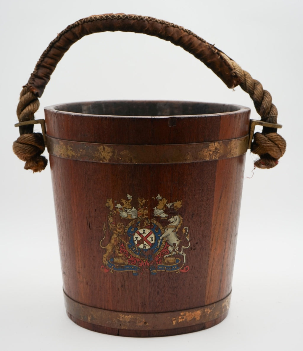 ANTIQUE ENGLISH VICTORIAN 19TH CENTURY NAVAL OAK FIRE BUCKET WITH ROYAL CREST