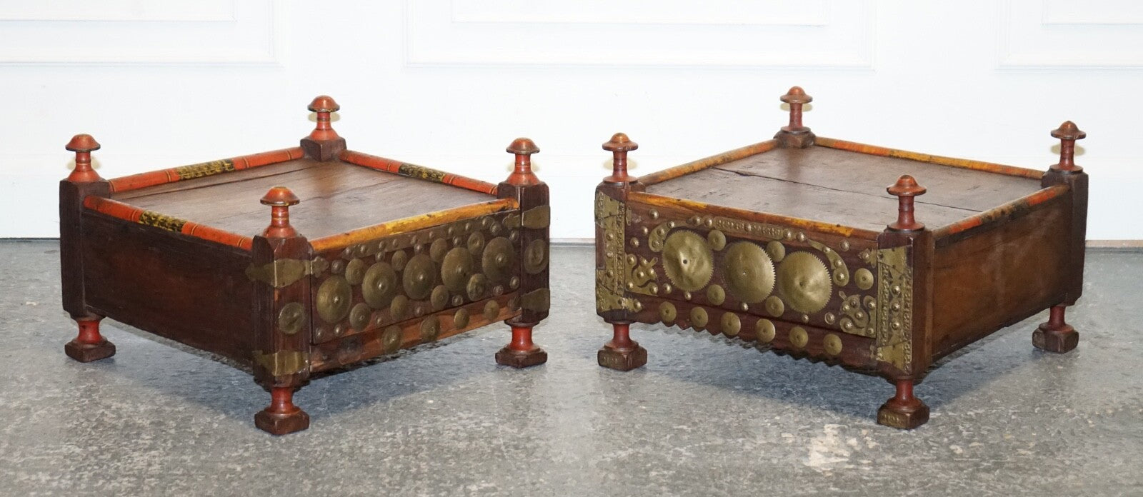 ANTIQUE PRIMITIVE ORIENTAL ASIAN SIDE TABLES HAND PAINTED VERY DECORATIVE