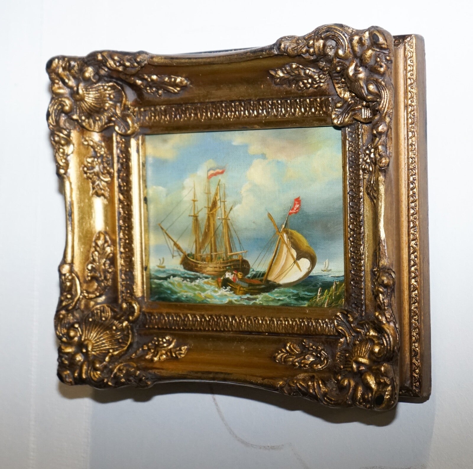 FINE ANTIQUE EARLY 20TH CENTURY OIL PAINTING OF FRENCH SHIP GILTWOOD FRAME