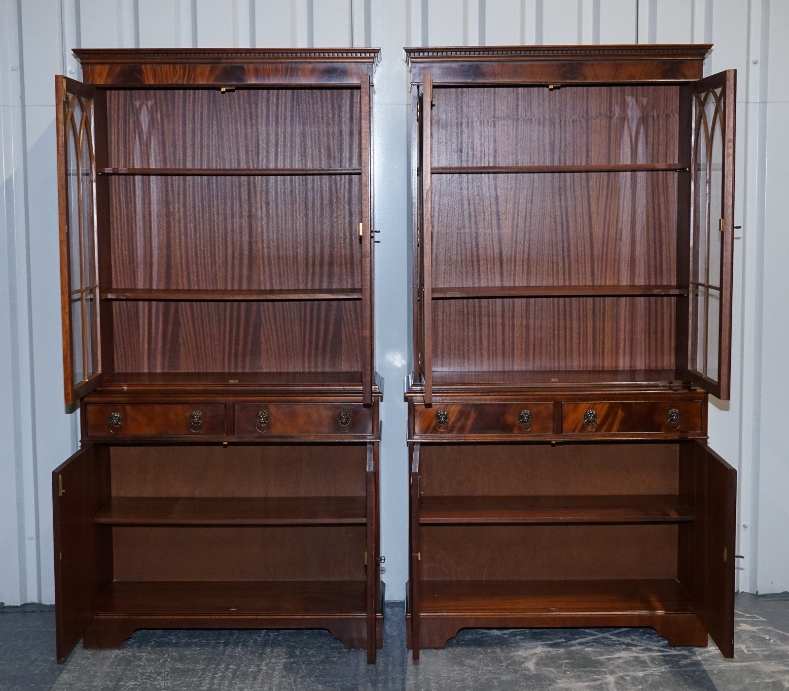 PAIR GEORGIAN STYLE DISPLAY CABINETS BOOKCASES WITH BRASS LION HANDLES