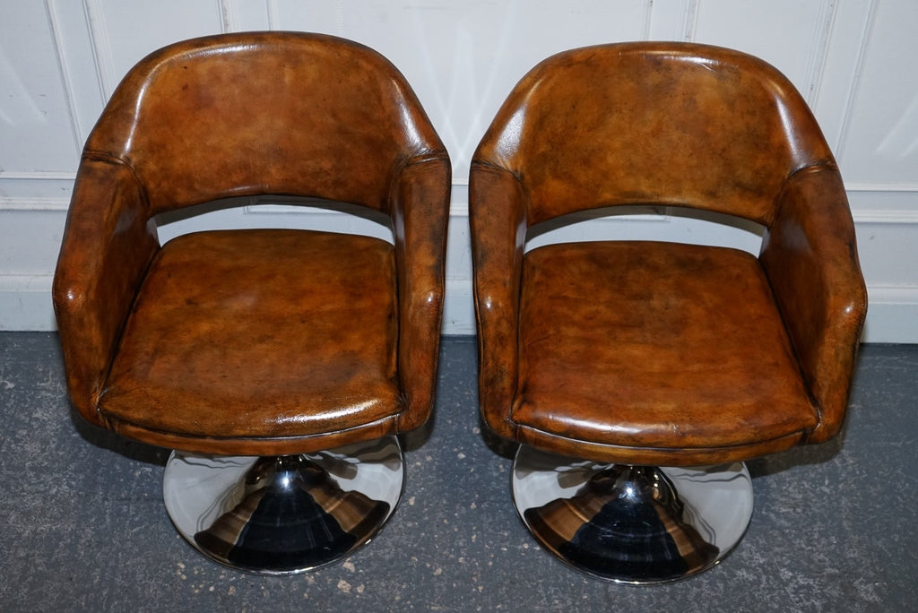 SET OF FOUR RESTORED HAND DYED LEATHER LARGO JOHANSON DESIGN SWIVEL ARMCHAIRS
