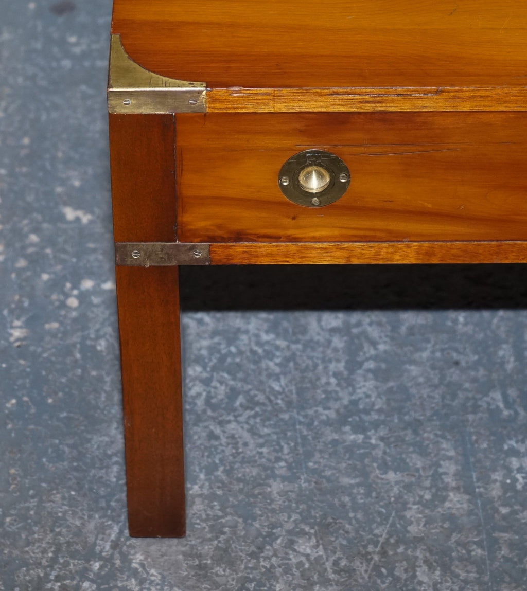 VINTAGE BURR YEW WOOD BRASS MILITARY CAMPAIGN 3 DRAWER COFFEE TABLE
