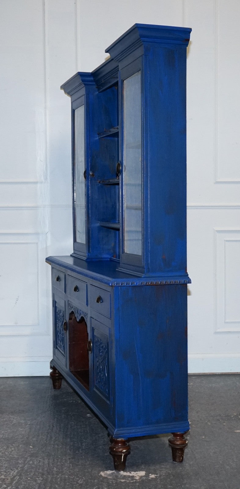 ANTIQUE VICTORIAN VIBRANT BLUE HAND PAINTED KITCHEN CUPBOARD CABINET