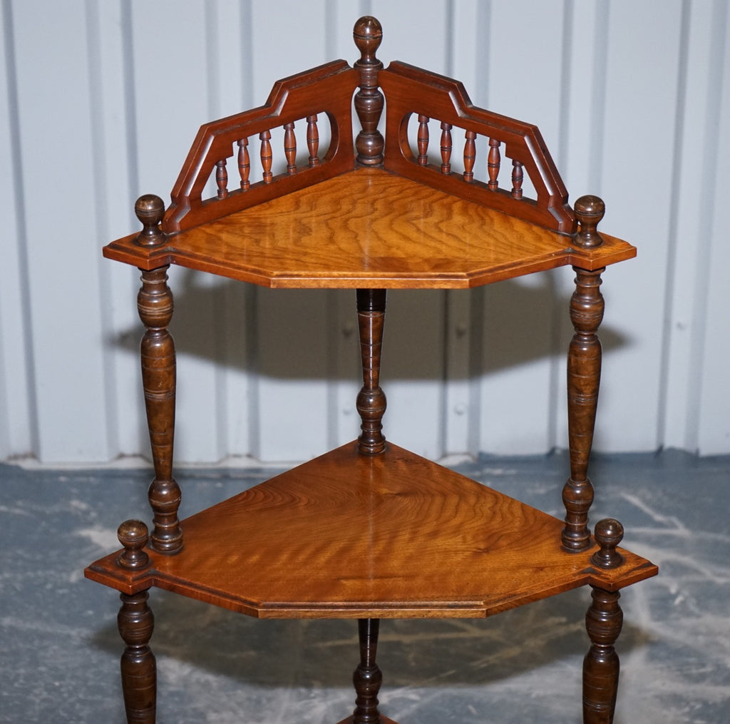 VICTORIAN ENGLISH INLAID BURR WALNUT CORNER WHATNOT STAND