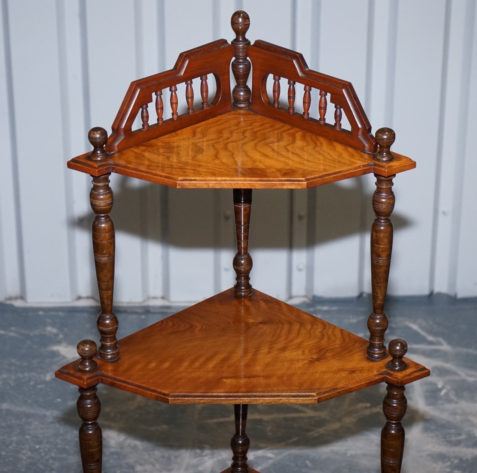 VICTORIAN ENGLISH INLAID BURR WALNUT CORNER WHATNOT STAND