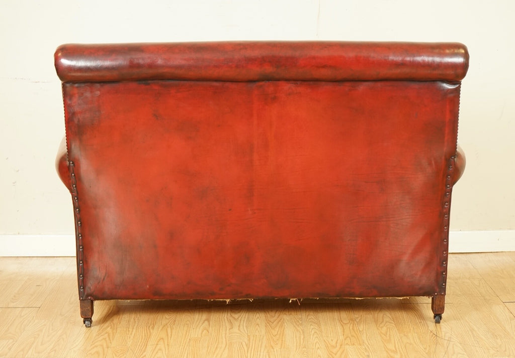 STUNNING VICTORIAN BURGUNDY GENTLEMAN'S CLUB HAND DYED LEATHER SOFA