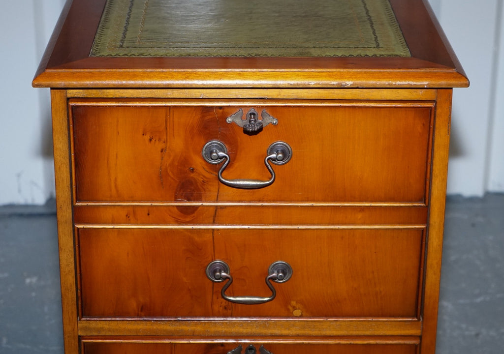 VINTAGE YEW WOOD FILLING CABINET WITH GREEN LEATHER TOP AND TWO DRAWERS