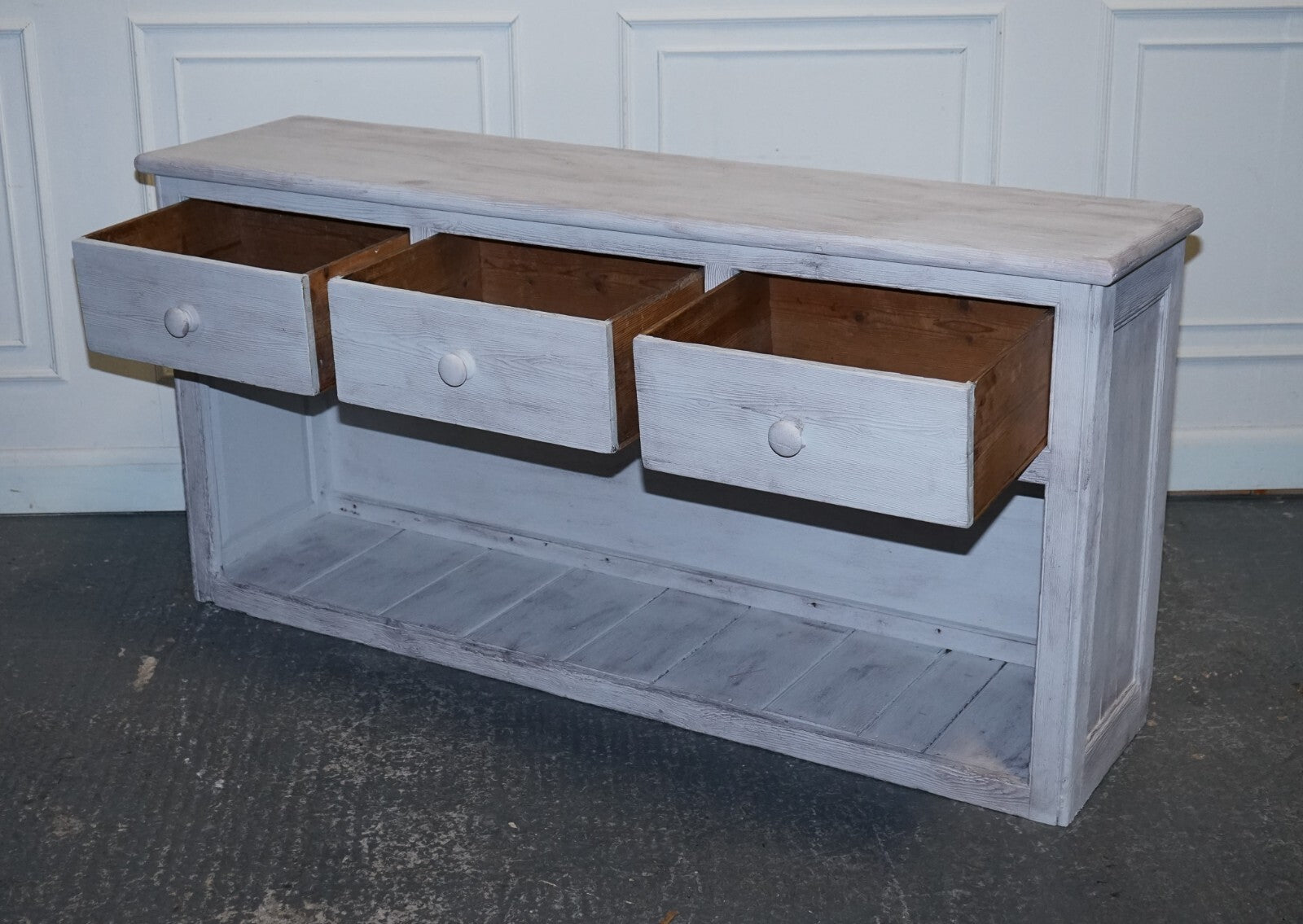 ANTIQUE HAND PAINTED ENGLISH PINE FARMHOUSE SIDEBOARD WITH THREE DRAWERS