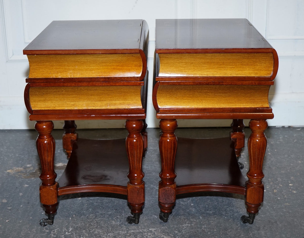 MATCHING PAIR OF WOODEN FAUX BOOKS STACK SIDE END WINE TABLES WITH STORAGE