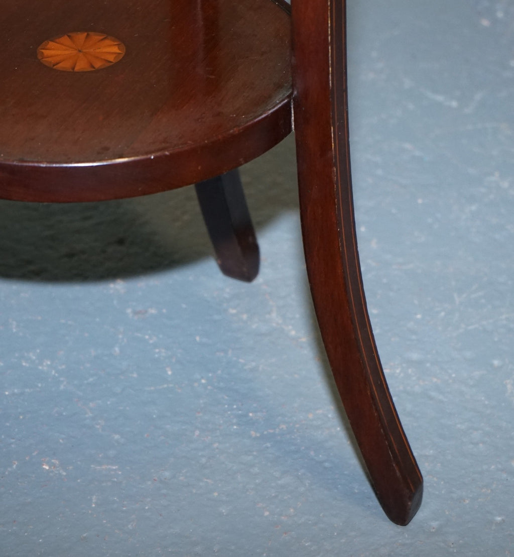 ANTIQUE HARDWOOD TWO TIER PLANT STAND WITH STARBURST MARQUETRY INLAY