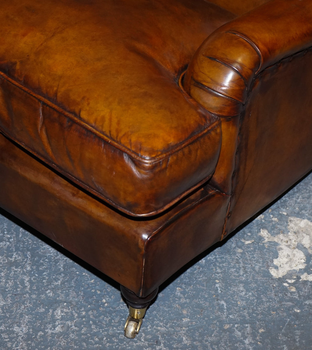 LARGE PAIR HOWARD STYLE HAND DYED LEATHER ARMCHAIRS FEATHER FILLED CUSHIONS