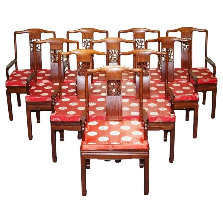 SET OF TEN VINTAGE ORIENTAL CHINESE HARDWOOD CARVER DINING ARMCHAIRS W/ CUSHIONS