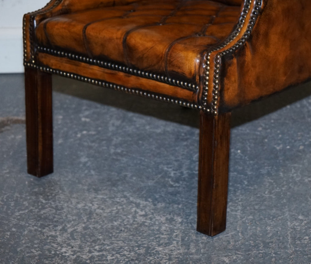 STUNNING 1960'S HAND DYED BROWN LEATHER CHESTERFIELD WINGBACK ARMCHAIRS