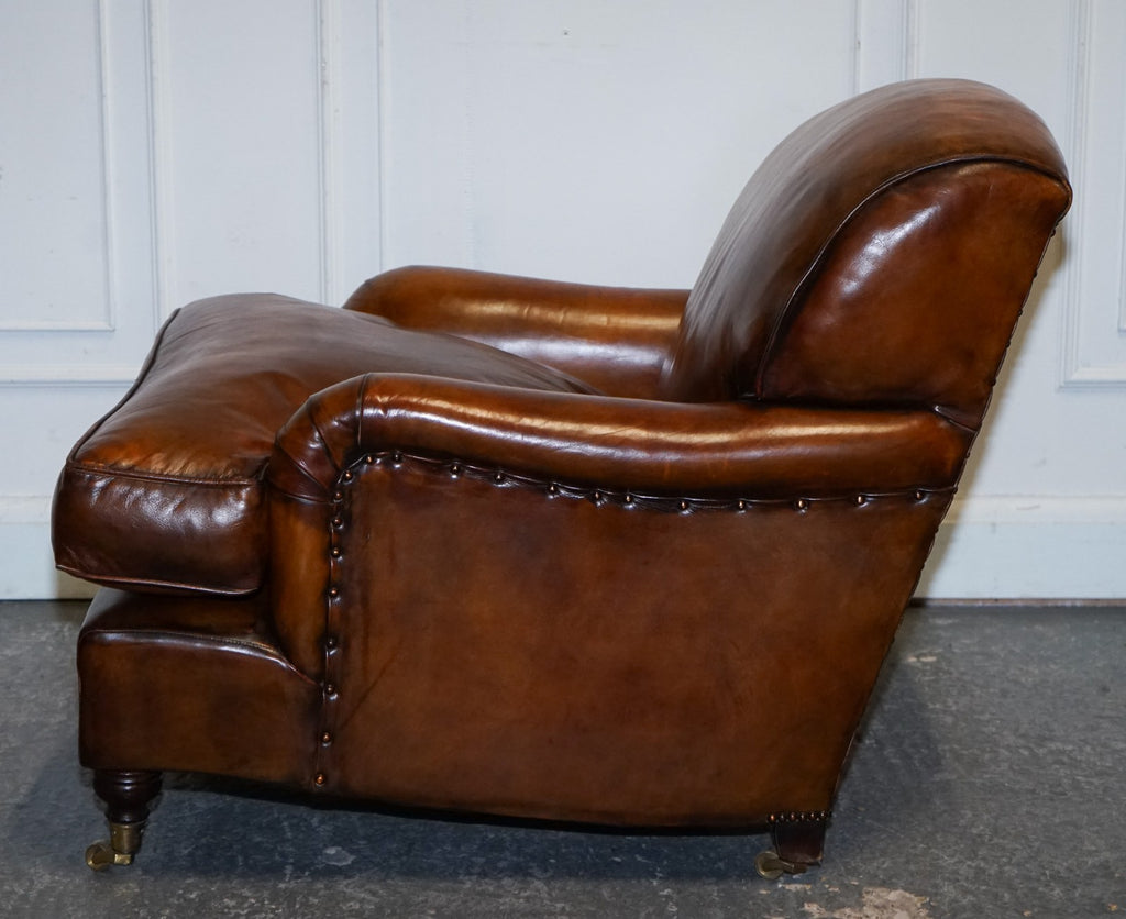 LARGE PAIR HOWARD STYLE HAND DYED LEATHER ARMCHAIRS FEATHER FILLED CUSHIONS