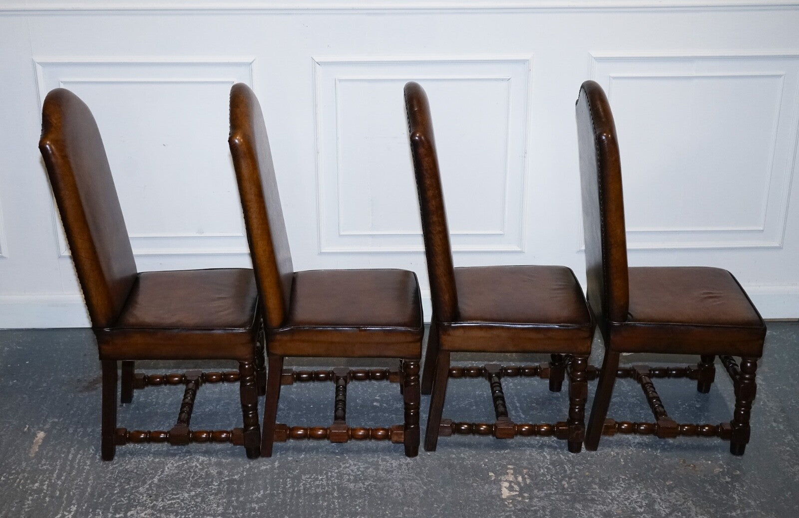 8 RESTORED CROMWELLIAN HAND DYED WHISKEY BROWN LEATHER DINING CHAIRS