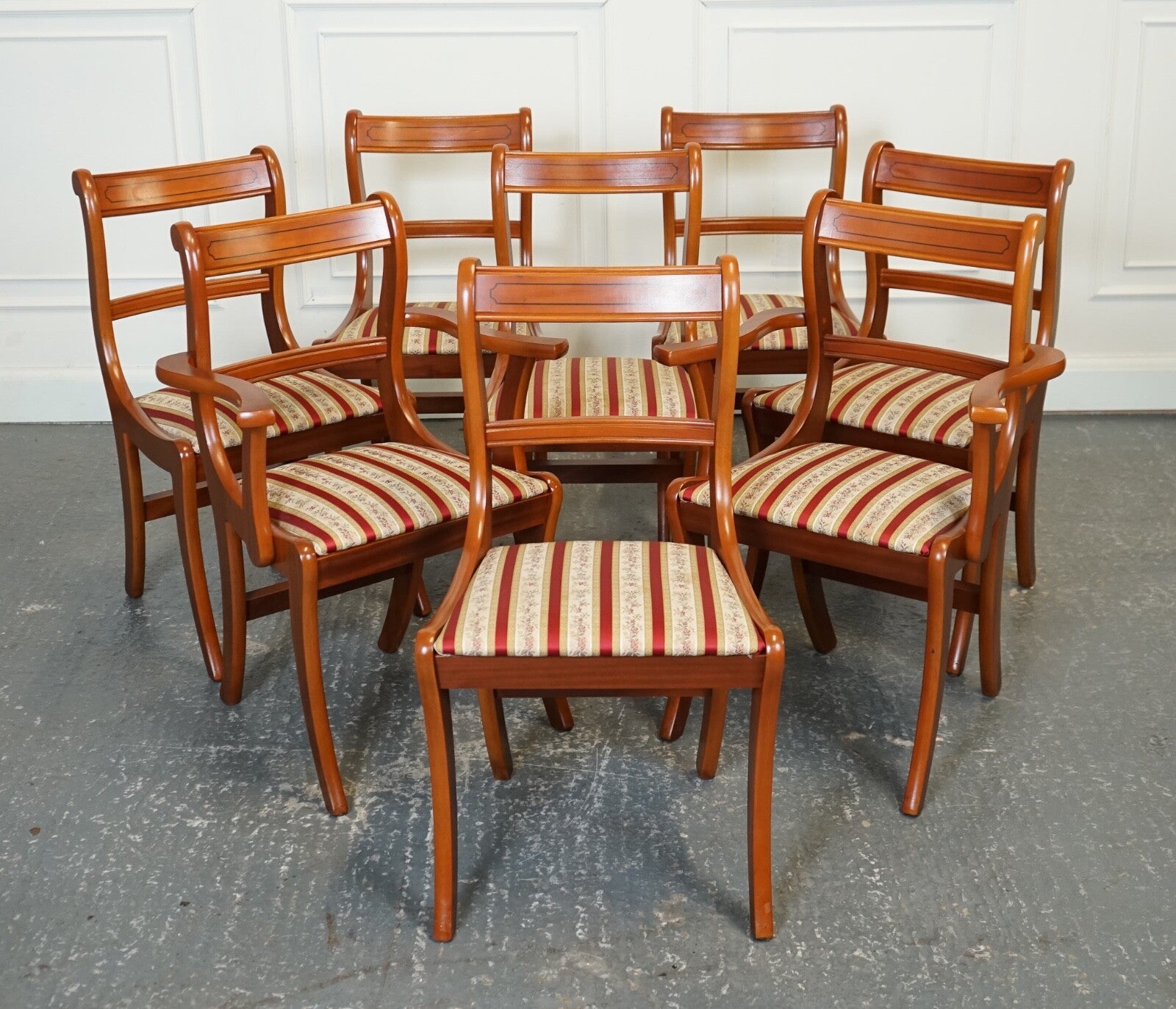 VINTAGE SET OF 8 YEW WOOD DINING CHAIRS J1