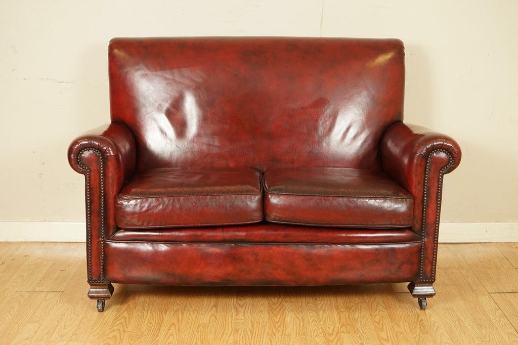 STUNNING VICTORIAN BURGUNDY GENTLEMAN'S CLUB HAND DYED LEATHER SOFA