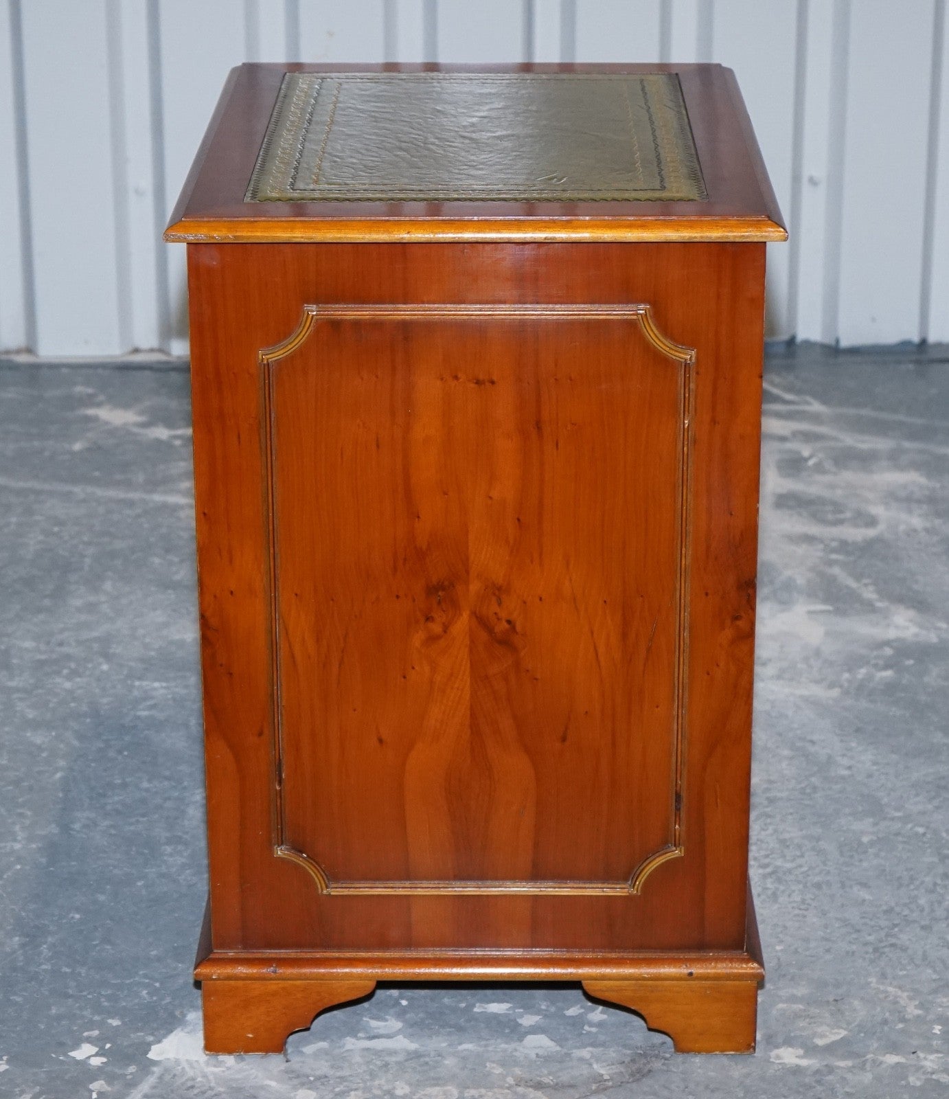 VINTAGE YEW WOOD FILLING CABINET WITH GREEN LEATHER TOP AND TWO DRAWERS (2)