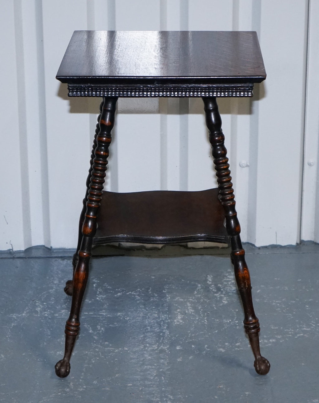 ANTIQUE VICTORIAN TIGER OAK SIDE TABLE TURNED BOBBIN LEGS WITH CAST IRON FEET