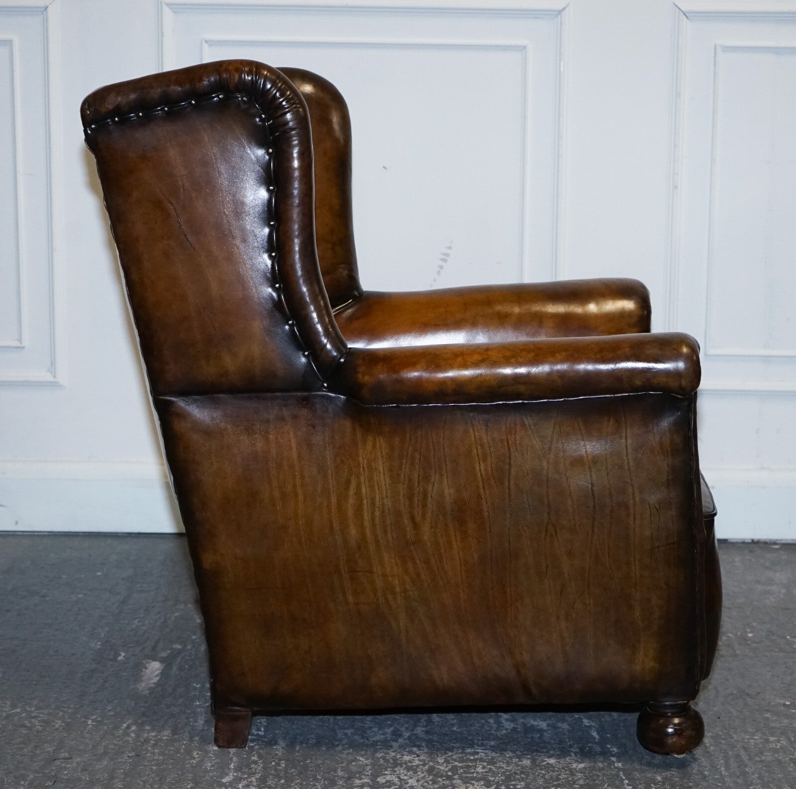 STUNNING EARLY VICTORIAN HAND DYED BROWN LEATHER READING LOUNGE ARMCHAIR