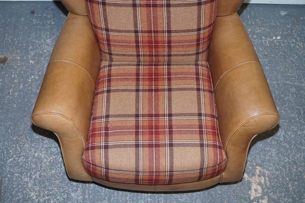 STUNNING PAIR OF  ALEXANDER & JAMES LAWRENCE LEATHER & FABRIC WINGBACK ARMCHAIRS